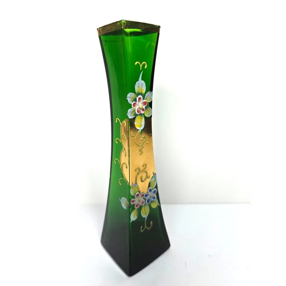 Vintage Glass Bud Vase Hand Painted Floral Gold Leaf Enamel Rich Green 6.75 In